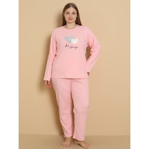 Wordex Fawn 1110 İnterlok Büyük Beden Kalpli Kışlık Ev Kadın Pijama Takımı Pembe