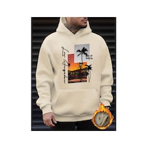 Medinenur Los Angeles Baskılı Kapüşonlu Sweatshirt Bej