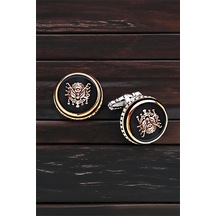 Gümüş Onix Taşlı Osmanlı Armalı Yuvarlak Kol Düğmesi -5784 Gümüş