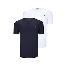 İkili Set T8568 Dewberry V Yaka Erkek T-shırt-koyu Lacivert-kar Beyaz Koyu Lacivert-kar Beyaz