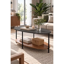 Oval Orta Sehpa 90 Cm İki Katlı Raflı Metal Ayaklı Modern Dekoratif Salon Sehpası Antrasit - Ceviz