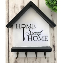 Sweet Home" Ahşap Anahtarlık 4 Kancalı Ahşap Anahtarlık Hol Antre Askılık Duvar Beyaz - Siyah