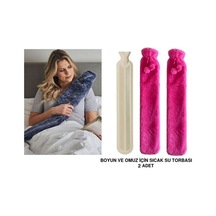 Sıcak Su Torbası 2 Adet,boyun Ve Omuz Icın Uzun Peluş Pembe Ponponlu 2lt Termofor 75x13cm Pembe