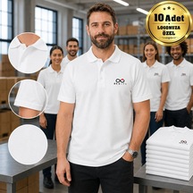 Logonuza Özel 10 Adet Beyaz Polo Yaka Tişört - Pamuk Unisex Kurumsal Tişört