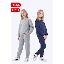 Panios Kids 3 İplik Düz Kız Çocuk Çift Cepli Bisiklet Yaka 2'li Eşofman Takımı Gri - Lacivert