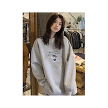 Tarzsokak Slogan Ve Karikatür Grafikli Düşük Omuz Oversize Sweat Gri