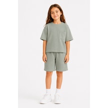 Monox Unisex 5-12 Yaş Petek Dokulu Oversize Yazlık Şort Tişört Takım Yeşil