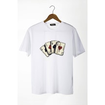 Erkek Beyaz Önü Iskambil Kağıdı Baskılı Bisiklet Yaka Oversize T-shirt 22y-3400762-2 Beyaz
