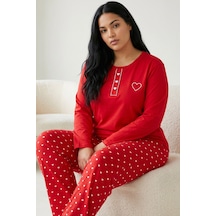 Siyah İnci Nakışlı Pamuklu Likralı Büyük Beden Battal Boy Örme Pijama Takım 26240885 Kırmızı