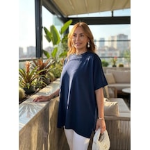 Zennamoda Kadın Bisiklet Yaka Kısa Yarasa Kollu Yanları Yırtmaçlı Oversize Dökümlü Merserize Bluz Lacivert