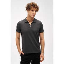 Antrasit Slim Fit Dar Kalıp Fermuarlı Polo Yaka Düz Kısa Kollu Tişört-16410 Gri