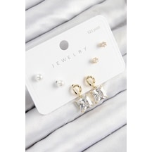 Pirinç Zirkon Taşlı Sallantılı Kare Model Gold Renk 925 Ayar Gümüş Çivi Kadın Küpe Set - Tj-bkp11162 Altın