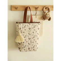 Myballistore Çiçek Desenli Orginizer Püskül Detaylı Kumaş Tote Çanta Krem