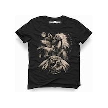 Kızılderili Kurt Erkek Baskılı Siyah Tshirt Çok Renkli