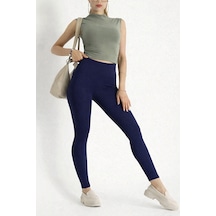 Pantofashion Fitilli Yüksek Bel Kadın Tayt Toparlayıcı Esnek Ribana Kumaş Günlük & Spor Kombin Lacivert