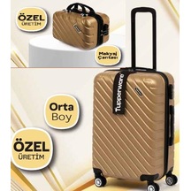 Orta Boy Valiz Ve Makyaj Çantası Set Bej