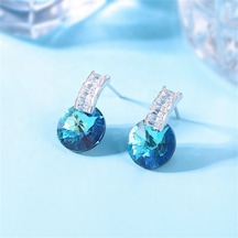 Monemel Swarovski Taşlı Mavi Yuvarlak Küpe Altın Kaplama E0763 Gümüş - Rodyum