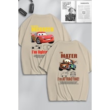 Unisex Cars Şimşek Mcqueen Ve Mater Sırt Baskılı Arkadaş Çift Kombini Tasarım Oversize T-shirt 2li Bej Mck0526 Bej
