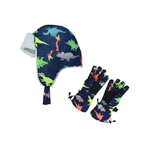 Petityu Su Geçirmez Erkek Çocuk Bere Eldiven Set 4-8 Yaş Kayak Snowboard Lacivert Üstü Renkli Dino Lacivert