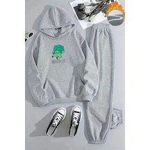 Unisex Brocco-lee Baskılı Kapüşonlu Gri Eşofman Takımı - Kışlık Şardonlu Kumaş Gri