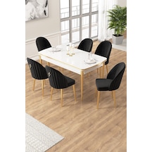 Canisa Edaf Serisi 80x132 Açılabilir Beyaz Mutfak Masa Takımı 6 Siyah Sandalye Gold Detay Masa Beyaz Sandalye Cappucino Ayak Gold