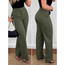 DefyModa Kadın Yüksek Bel Kemersiz Atlas Pantolon Haki