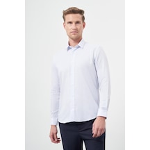 İmza Beyaz Uzun Kol Çizgili Desen Oxford Sert Yaka Cepsiz Pamuklu Classic Slim Fit Gömlek 1004245206 Leylak Beyaz