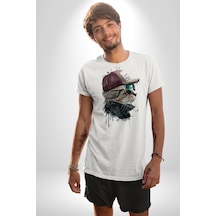 Pilot Çeketli Deri Şapkalı Cool Kedi Unisex Unisex Beyaz Organik Baskılı T-shirt Penye Yüksek Kalite Beyaz