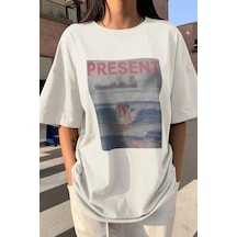 Uyguntarz Unisex Present Baskılı Oversize Tshirt Beyaz