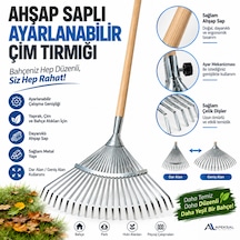 150 Cm Ahşap Saplı Ayarlanabilir Metal Yaprak Çim Tırmığı 22 Diş Bahçe Tırmığı