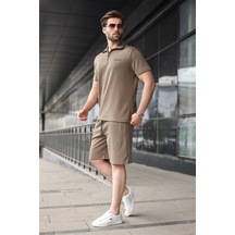 Madmext Haki Yarım Fermuarlı Polo Yaka T-shirt Şort Takım E7348 Haki