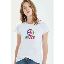 Pembe Sarı Yeşil Ve Mavi Barış Baskılı Beyaz Kadın Tshirt