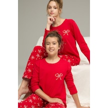 Siyah İnci Pamuklu Bisiklet Yaka Örme Pijama Takım25241155 Kırmızı