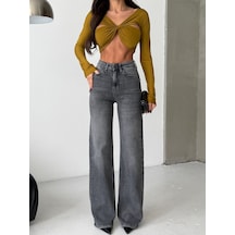 Herton Kadın Yüksek Bel Geniş Paça Jean Pantolon %98 Pamuk Modern Fit Kot Pantolon Gri