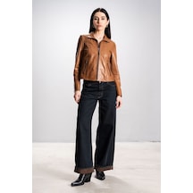 Dericlub Breeze Kadın Dik Yaka Slim Fit Gerçek Deri Mont Taba Taba