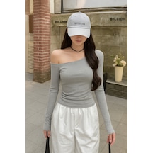 Gri Kadın Düşük Omuz Kayık Yaka Dar/slim Uzun Kollu T-shirt Gri