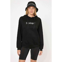 Hooop Baskılı Siyah Kadın Kapşonlu Sweatshirt