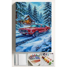 Sayılarla Boyama Çerçeveli Hobi Seti Numaralı Tuval Fırça Boya Kasnaklı 40x50 Cm Kar Ve Kırmızıaraba