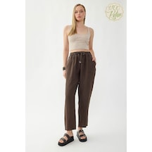 Vitrin %100 Keten Beli Lastikli Cepli Geniş Paça Pantolon Kahve