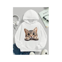 Stil X Sevimli Kediler Baskılı Kapüşonlu Çocuk Sweatshırt Beyaz