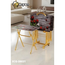 Eranş Serisi 4'lü Katlanır Cam Ahşap Kalp Ve Gül Desen Çanta Zigon Sehpa Gold Ayak Ahşap Kalp Ve Gül Desen Gold