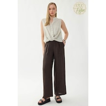 Vitrin %100 Keten Beli Lastikli Önü Pileli Pantolon Kahve