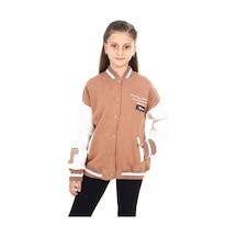 Toontoy Kız Çocuk Kolej Yaka Çıtçıt Kapama Cepli Düşük Omuz Nakış Baskılı Renk Bloklu Örme Hırka - 2 İplik Şardonlu Kahverengi
