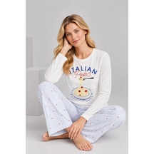 Pijamask Kadın Italian Pasta Baskılı Mavi Çizgili Bol Paça Pamuklu Pijama Takımı Beyaz