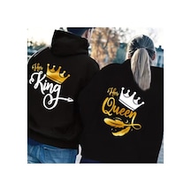 Nevermind Sevgili Çift Kombin King And Queen Kral Ve Kraliçe Baskılı Özel Tasarım Kapüşonlu Sweats Siyah - Sarı