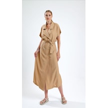 Pasaklı Giyim Kadın Oversize Yeni Camel Bej Ceket Yaka Rahat Uzun Kısa Kollu Keten Ceket Elbise 700-3162451