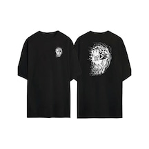 Thewert Unisex Wildcat Roar Kaplan İllüstrasyon Ön Arka Baskılı Sıyah Oversize T-shirt Siyah