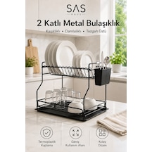Sas Haus   2 Katlı Metal Bulaşıklık Kaşıklıklı Ve Damlalıklı Tezgâh Üstü Bulaşık Kurutmalık Dtb-02 Siyah