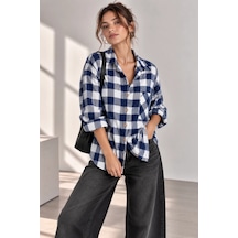 Bb Butik Basic Kadın Ekose Gömlek Oversize Oduncu Gömlek Uzun Kollu Cepli Günlük Tr0935 Lacivert