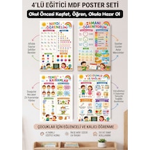 4'lü Okula Hazırlık Eğitici Çocuk Tablo Seti, Alfabe, Sayılar, Saat, Vücudumuz Ve Temel Kavramlar Montessori Öğrenme Panosu